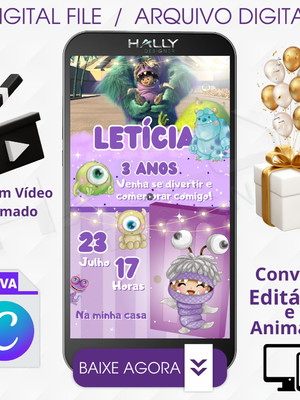 Convite digital animado edite no canva - monstros sa
