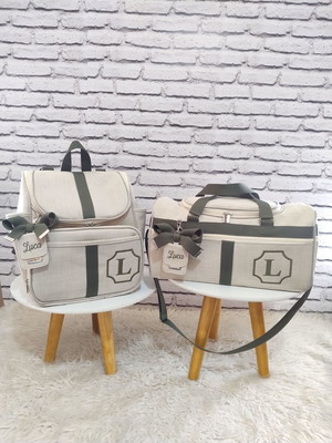 Kit maternidade bolsas no linho luxo bege e verde militar