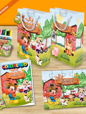 Kit completo sacolinha 3 personalizado fazendinha do mickey