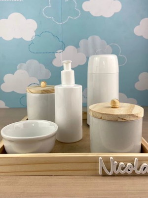 Kit higiene bebê porcelana pinus nome várias cores garrafa