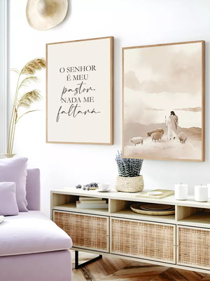 Kit 2 quadros decorativos fé jesus salmo 23 moldura e vidro