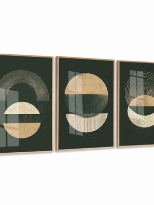 3 quadros decorativos abstrato verde dourado luxo molduras