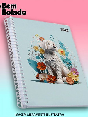 Agenda 2025 cachorro branco com flores efeito 3d