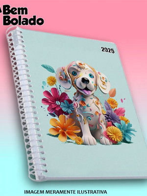 Agenda 2025 cachorro branco filhote com flores efeito 3d