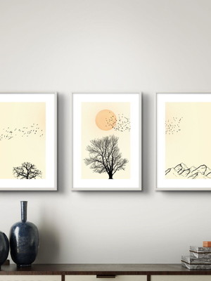 Quadros decorativos paisagem sol árvore pássaros vidro