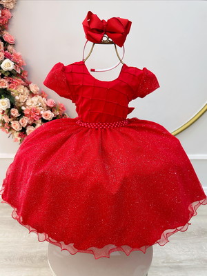 Vestido infantil vermelho busto nervura pérolas glitter 1-8a