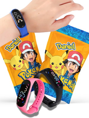 Lembrancinha pokemon com relógio no saquinho metalizado