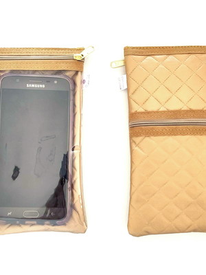 Capinha porta celular visor touch bolsinho zíper dourado mat
