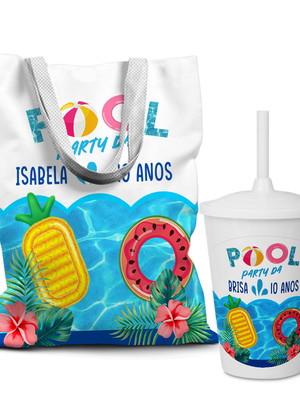 Kit sacolinha +copo personalizados festa pool party