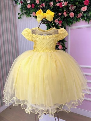 Vestido infantil amarelo apliques florzinhas festas