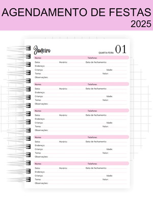 Agenda agendamentos de festas 2025 1 dia por página - datada