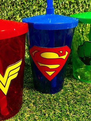 Copo com canudo super heróis personalizado 400ml
