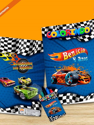 Livrinho colorir + giz cera personalizado hot wheels blue