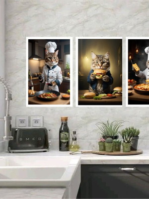 Kit 3 quadros para cozinha gatos com comidas