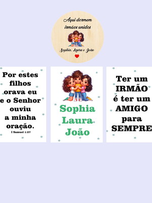 Kit 4 quadros irmãos quarto infantil personalizado decoração