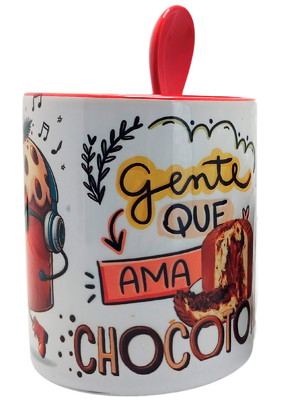 Caneca vermelha com colher gente que ama chocotone+ chaveiro