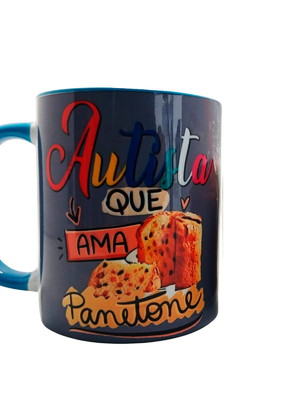 Caneca especial azul autista que ama panetone com chaveiro