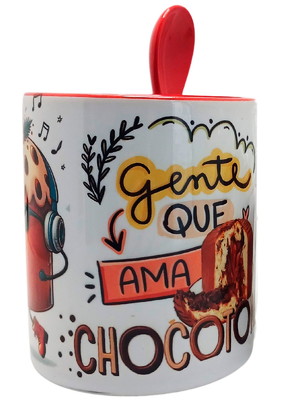 Caneca vermelha com colher gente que ama chocotone +chaveiro