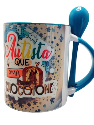 Super caneca com colher azul autista que ama chocotone