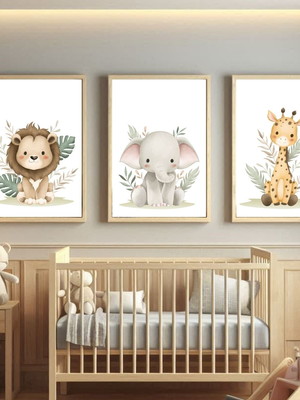 Kit quadros infantil safari leão elefante girafa com vidro