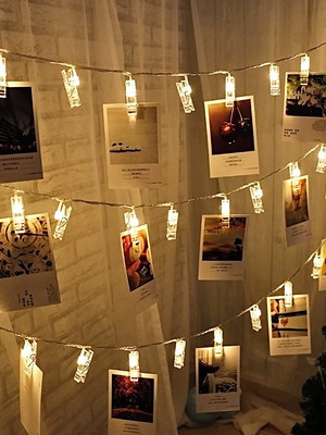 Varal de fotos cordão luminoso amarelo 2m pregador 10 leds