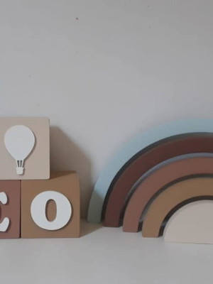 Kit 6 cubos com arco íris tons terra/ azul mdf