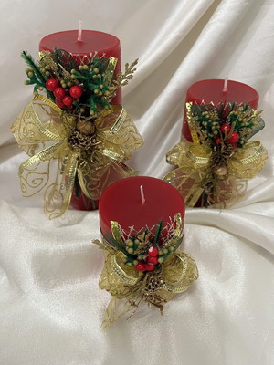 Kit com 3 velas vermelhas decoradas para natal-diâmetro 6cm
