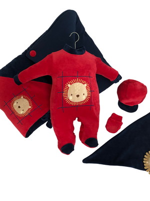 Saída de maternidade 05 peças menino lion marinho e vermelho