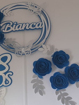 Topo topper de bolo 18 anos flores em azul com prata