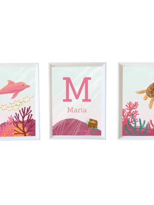 Trio de quadros fundo do mar nome personalizado a3 branco
