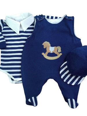 Conjunto body com macacão para bebê menino poney 03 peças