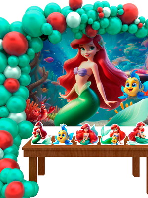 Kit festa ouro ariel pequena sereia 3d painel display e fita