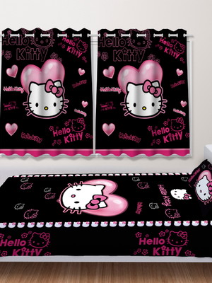 Jogo de quarto solteiro hello kitty preto cortina lençol