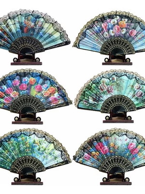 Leque de plástico, tecido e renda estilo espanhol