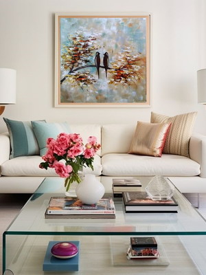 Quadro decorativo pintado a mão paisagem com pássaros 50x50