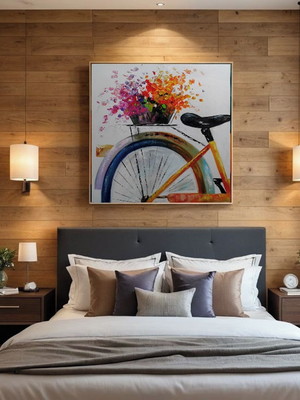 Quadro pintado a mão tema bicicleta e flores medida 50x50