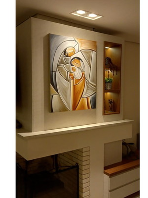 Quadro vertical sagrada família pintado mão 70x90