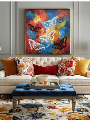 Quadro pintado a mão abstrato borboletas 70x70