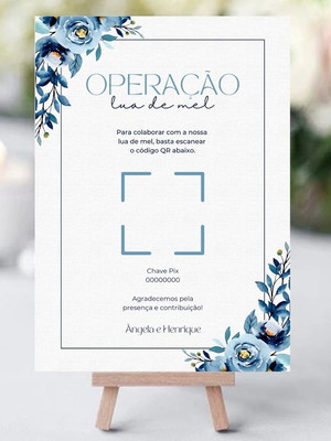Placa pix e qr code | lua de mel | arte digital floral azul