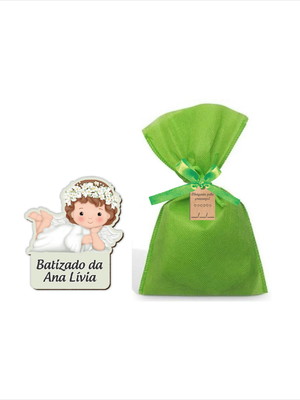 Imã anjinho batizado personalizado em mdf com saquinho e tag