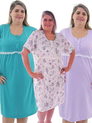 Kit com 3 camisola senhoril gestante com manga plus size