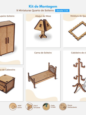 Kit 9 miniaturas quarto solteiro | maquete | cenário