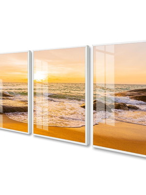 Quadro decorativo paisagem pôr do sol mar ondas trio vidro
