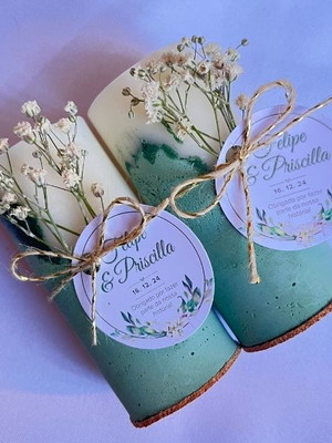 Lembrancinha casamento vela personalizada base cimento 45un