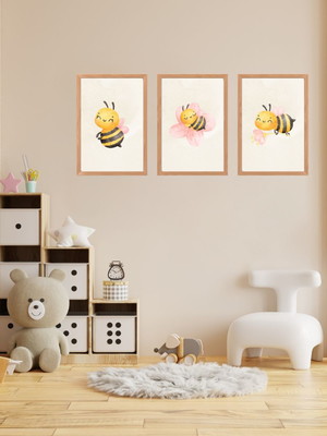 Kit 3 quadros placas decoração quarto bebê abelhinha
