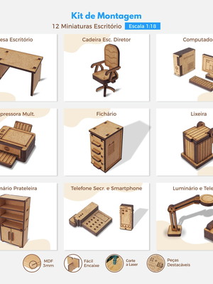 Kit 12 miniaturas escritório | maquete | cenário | diorama