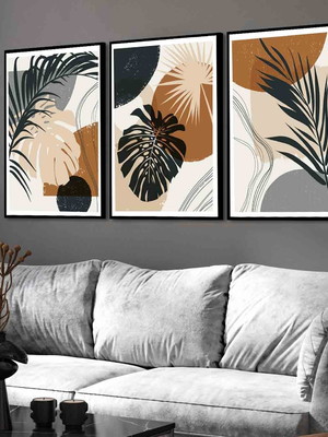 Kit 3 quadros abstrato folhas galhos trio colorido costela