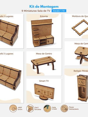Kit de montagem 9 miniaturas sala de tv | maquete | cenário
