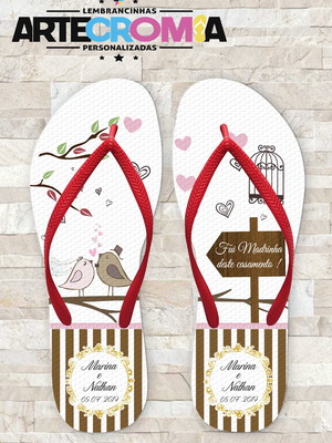 Chinelo de casamento com pássaros e listras marrom