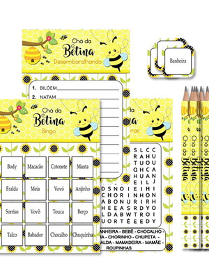 75 kits com 3 brincadeiras para chá de bebê - abelhinha